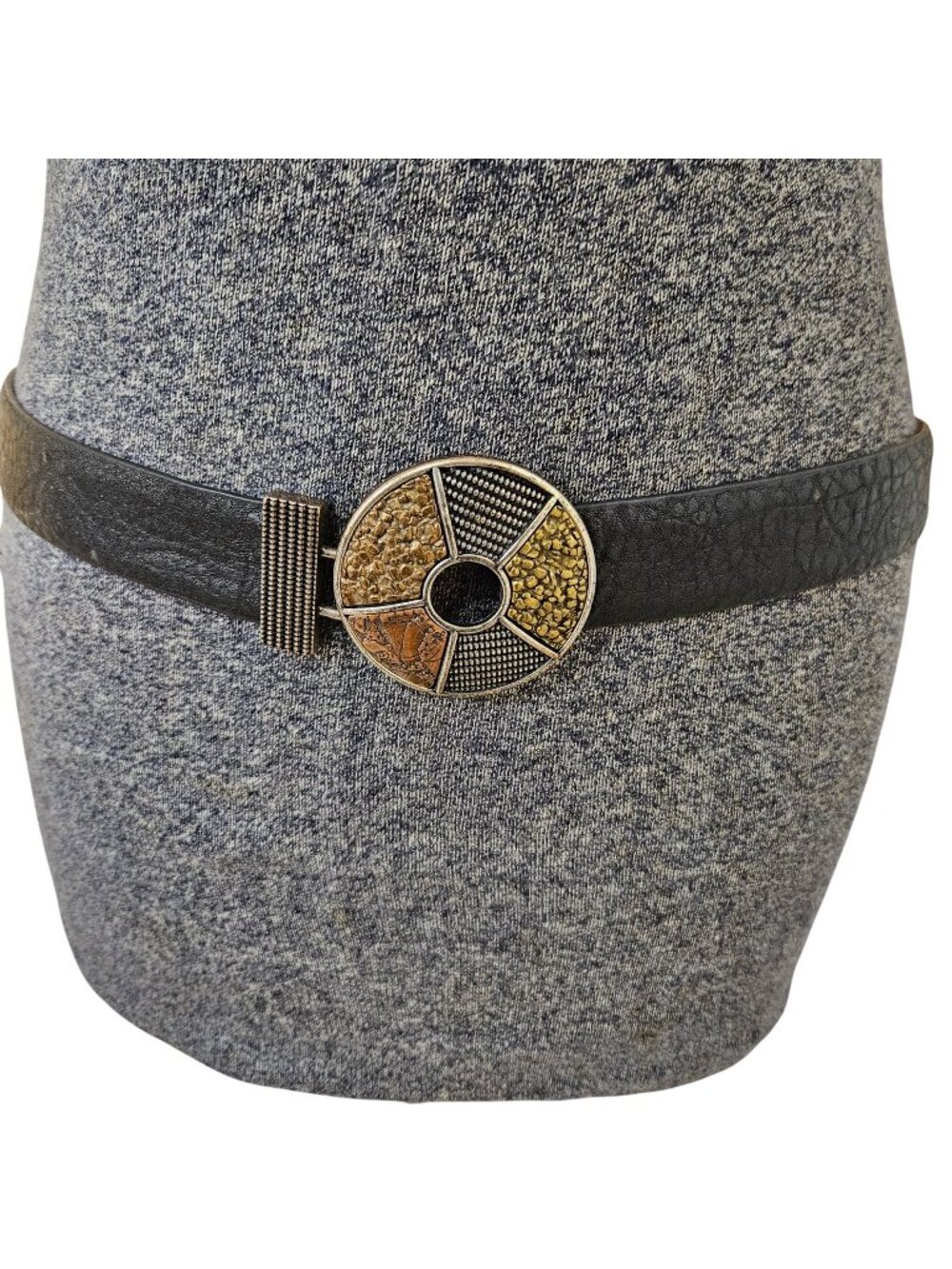 Chicos Belt Womens M/L Black Adjustable Geometric Disk Buckle Mixed Metal Tones